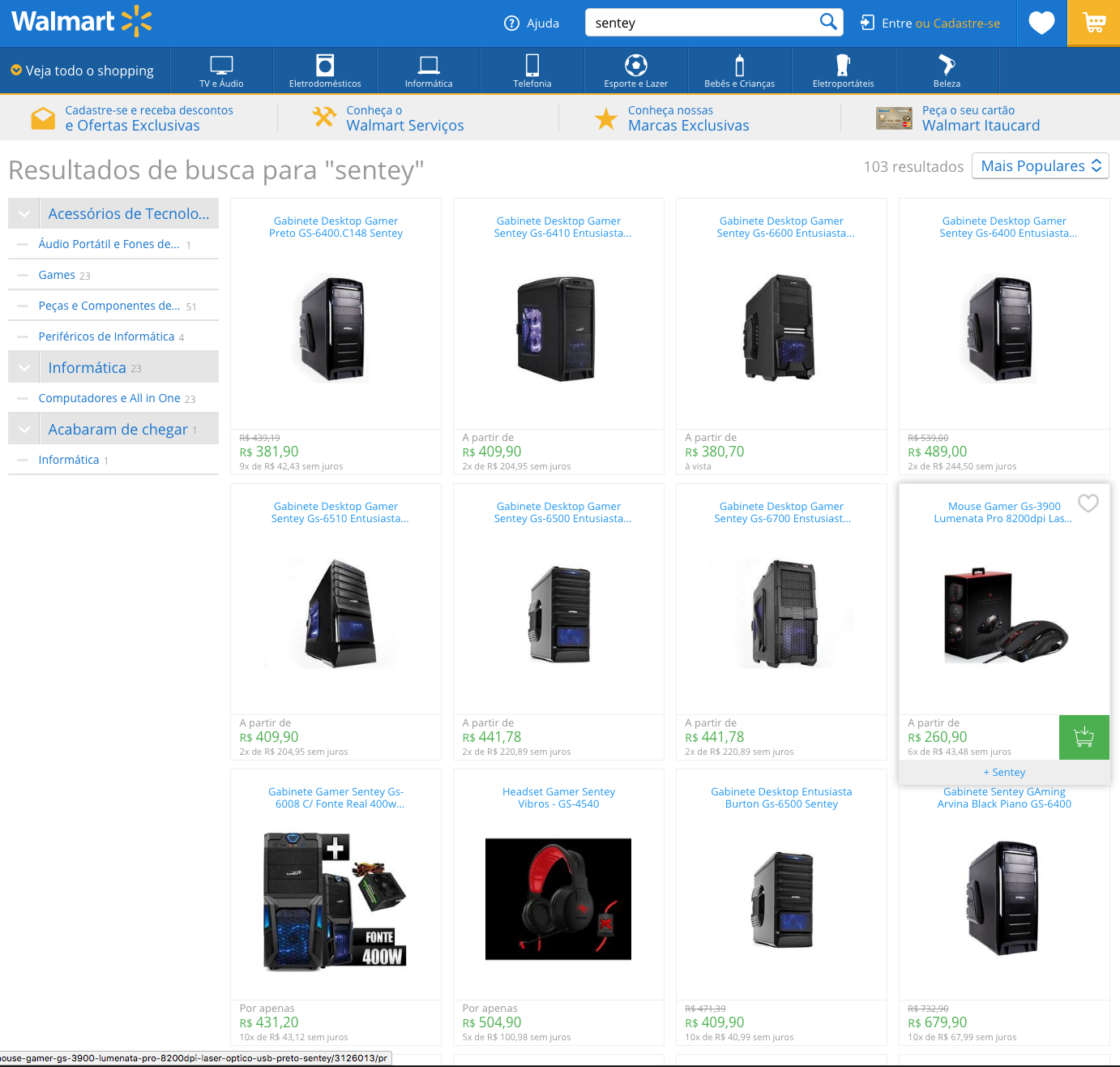 Sentey en el website de Walmart Brasil